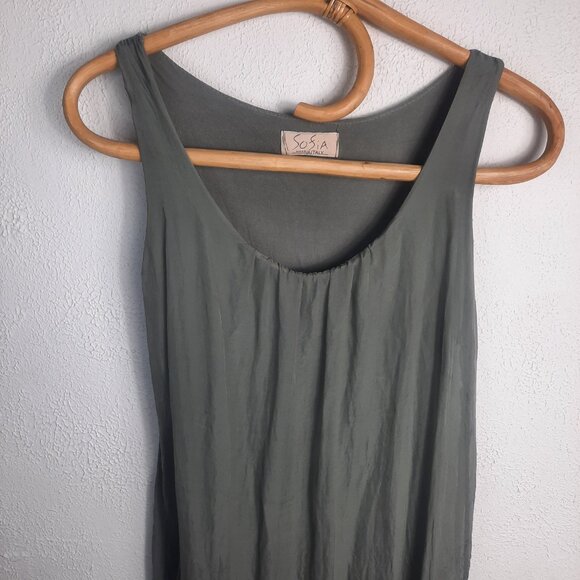 Sofia Made in Italy Army Green Silk Sleeveless Dress Size Small/Med Flowy Midi - Picture 7 of 8